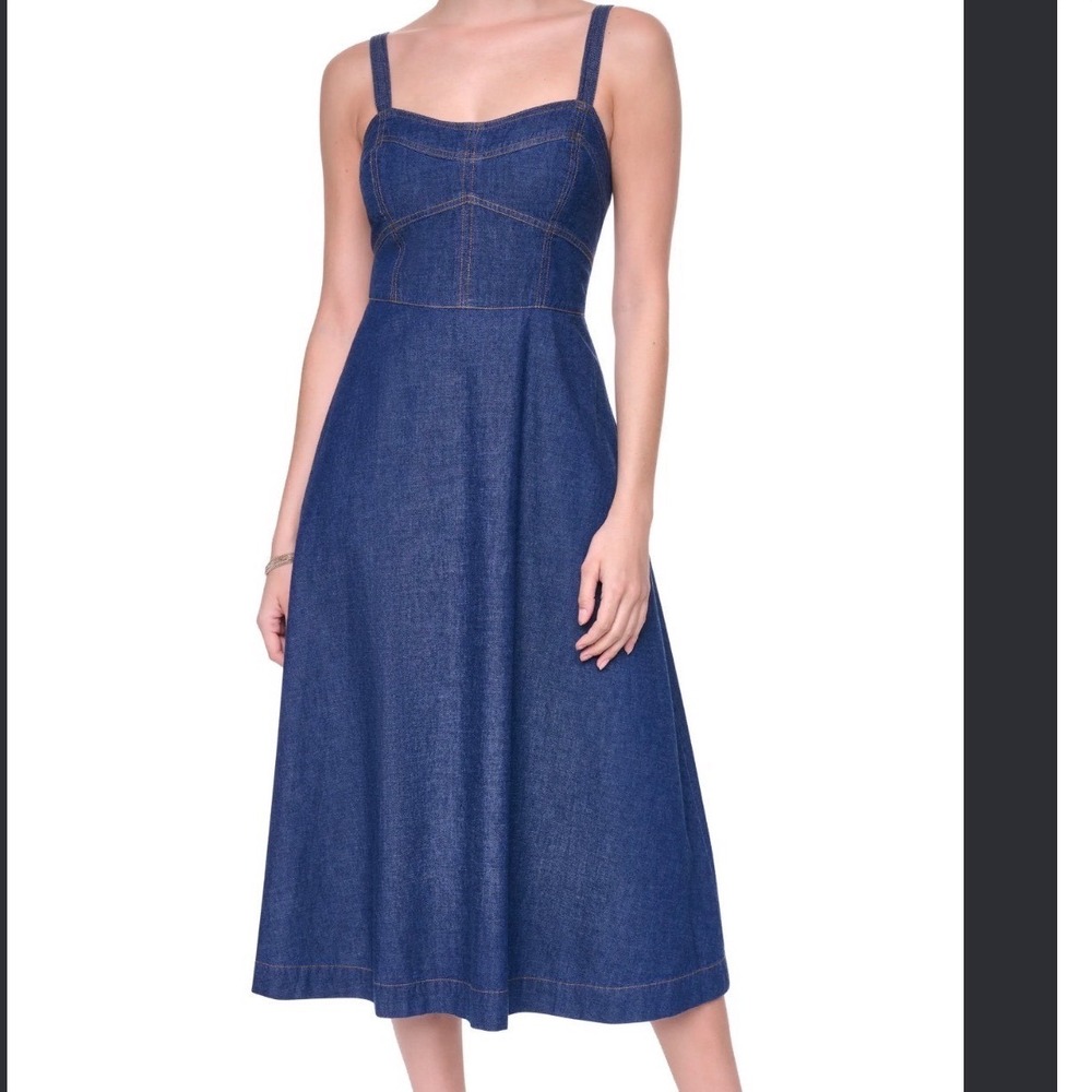 DKNY Dark Wash Denim Midi Dress Crosby Contrast Stitch Smocked Back Size 14 NEW